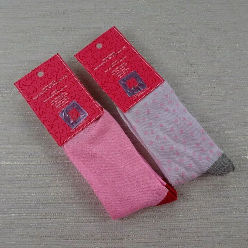Clearance!💎5/$25 NWT Lot 2 Pink Ladies Crew Socks Heart Dots 9-11